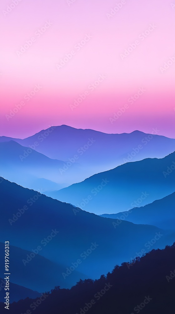 Fototapeta premium A digital art of mountains at dusk, with gradients from deep purple to pink and blue, capturing the serene beauty of nature's silhouette against the sky