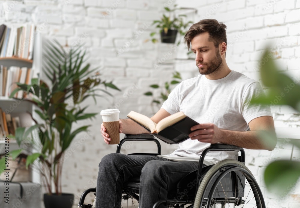 A man in a wheelchair is reading a book while holding a cup of coffee. Concept of relaxation and leisure, as the man enjoys his book and coffee in a comfortable setting A man in a wheelchair is reading a book while holding a cup of coffee. Concept of relaxation and leisure, as the man enjoys his book and coffee in a comfortable setting