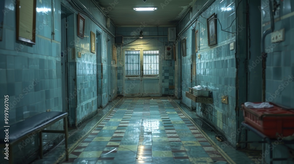 A dimly lit hallway in an old building A dimly lit hallway in an old building