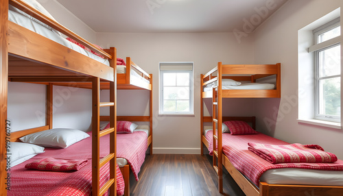 Shared bunk bed dormitory room for hostel accommodation. Concept Budget Travel, Hostel Life, Shared Accommodation, Backpacking Tips, Travel Accommodation isolated with white highlights, png photo