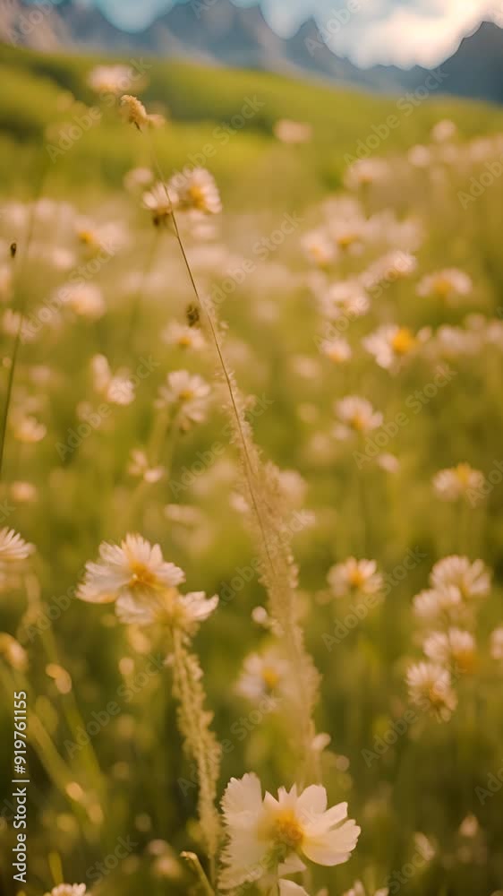 A field of wild flowers in mountain meadow in sunny day close up, trendy floral background. Vertical. A field of wild flowers in mountain meadow in sunny day close up, trendy floral background. Vertical.