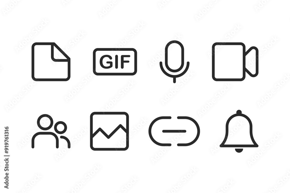 File, gif, microphone, video, group, image, link and bell outlined illustration set. Vector icons in flat style File, gif, microphone, video, group, image, link and bell outlined illustration set. Vector icons in flat style