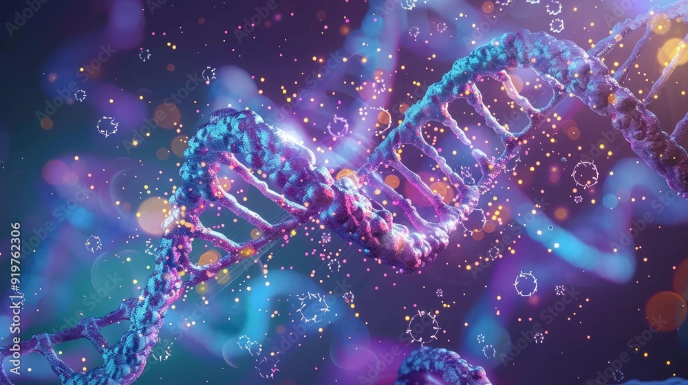 Abstract representation of DNA double helix with glowing particles. Suitable for science, technology, and medical concepts. Abstract representation of DNA double helix with glowing particles. Suitable for science, technology, and medical concepts.