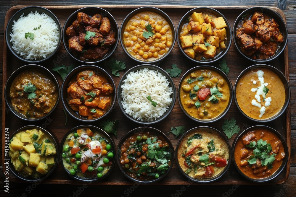 Indian food buffet featuring various curries and rice dishes on a wooden table Indian food buffet featuring various curries and rice dishes on a wooden table