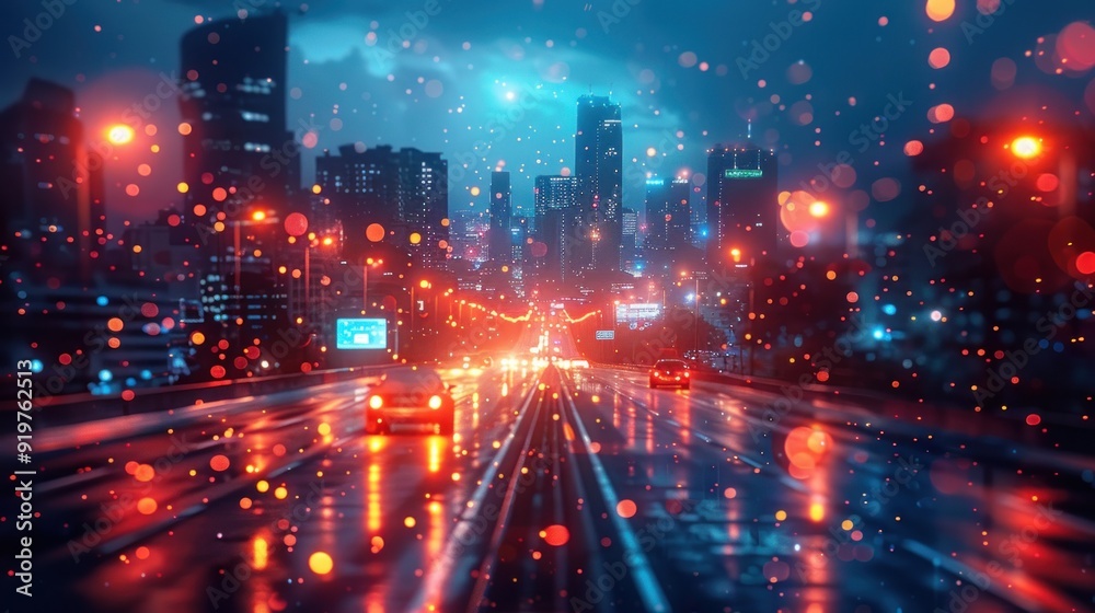 Fototapeta premium Night Cityscape with Rain and Lights