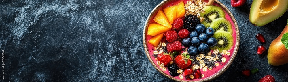 Colorful smoothie bowl with fresh fruit, oats, and berries on dark background. Healthy breakfast concept. Top view, space for text. Colorful smoothie bowl with fresh fruit, oats, and berries on dark background. Healthy breakfast concept. Top view, space for text.
