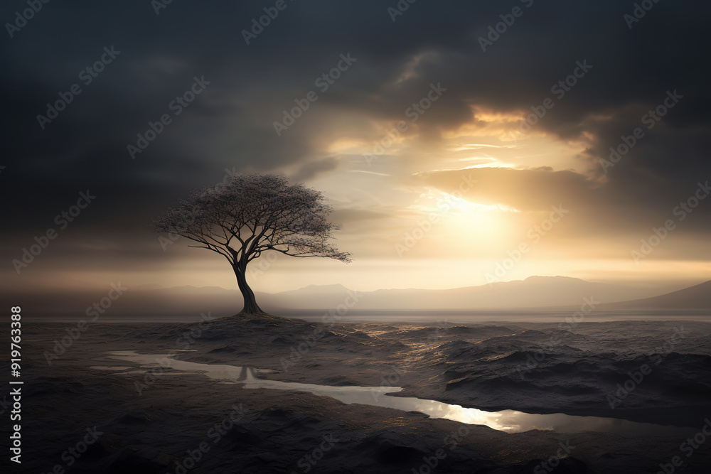 A lonely tree in the desert under a dark grey sky