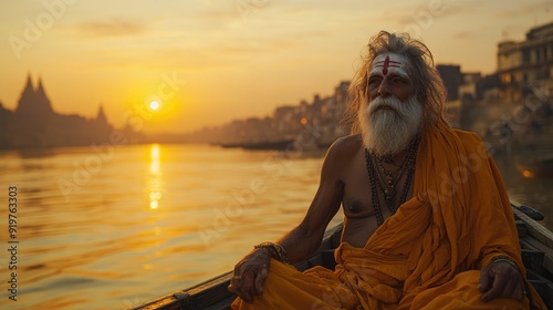 Sadhu meditating on boat at sunrise with ganges river and varanasi city in background photo