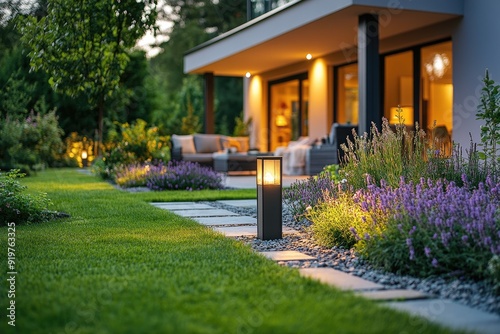 Wallpaper Mural Modern garden lighting illuminating backyard of luxury home at dusk Torontodigital.ca
