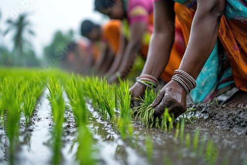 Indian farmers planting rice shoots in a paddy field