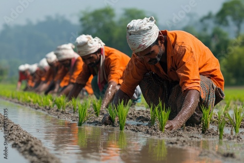 Indian farmers planting rice shoots in a paddy field