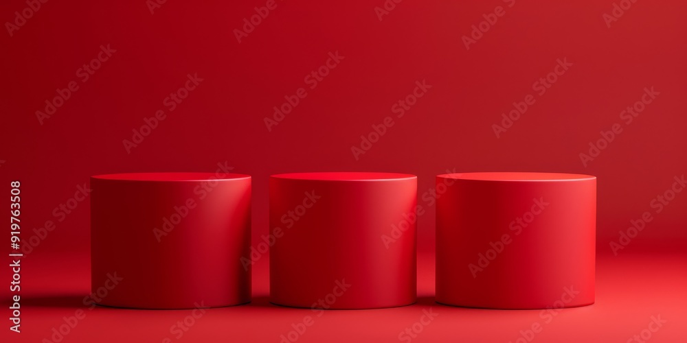 Three vibrant red cylindrical podiums are arranged against a matching backdrop, ideal for showcasing products and creating visually engaging, dynamic compositions that attract attention Three vibrant red cylindrical podiums are arranged against a matching backdrop, ideal for showcasing products and creating visually engaging, dynamic compositions that attract attention