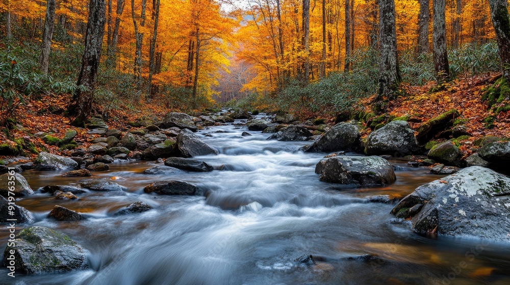 Mountain stream flows through a vibrant autumn forest Mountain stream flows through a vibrant autumn forest
