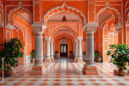 Magnificent corridor with arches and columns in jaipur city palace