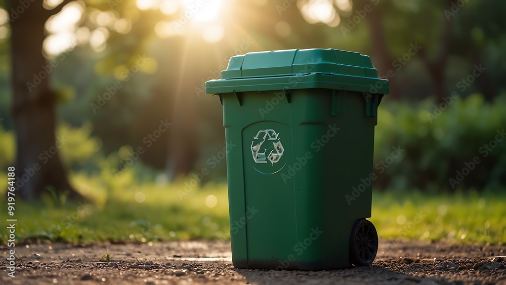 green wheelie waste bin with Nature Background, A trash can green wheelie waste bin with Nature Background, A trash can