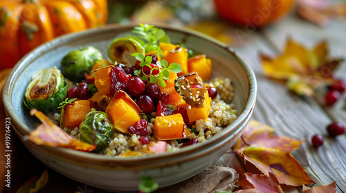 a freekeh bowl with roasted Brussels sprouts, butternut squash, cranberries, and a maple Dijon dressing, set on a wooden table with autumn leaves and a pumpkin centerpiece photo