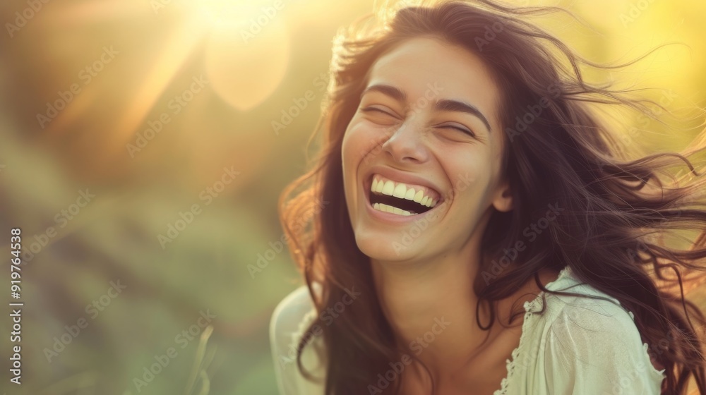 Joyful brunette model laughing naturally, with a soft and engaging background Joyful brunette model laughing naturally, with a soft and engaging background