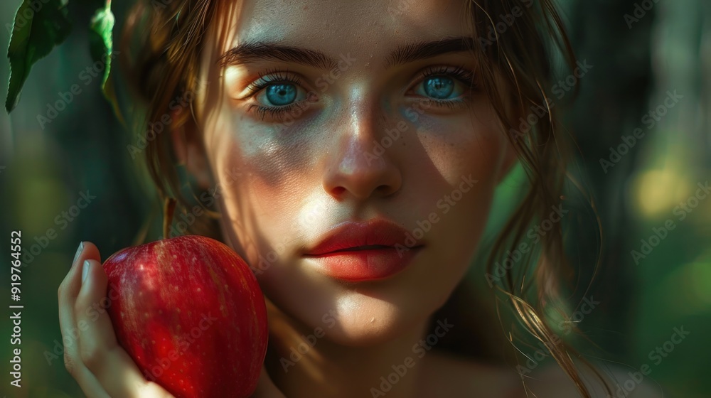 Close-up portrait of a young Caucasian woman eating apple, moisture on her skin. Eve is in the Eden. God planted a garden in a place called Eden Close-up portrait of a young Caucasian woman eating apple, moisture on her skin. Eve is in the Eden. God planted a garden in a place called Eden