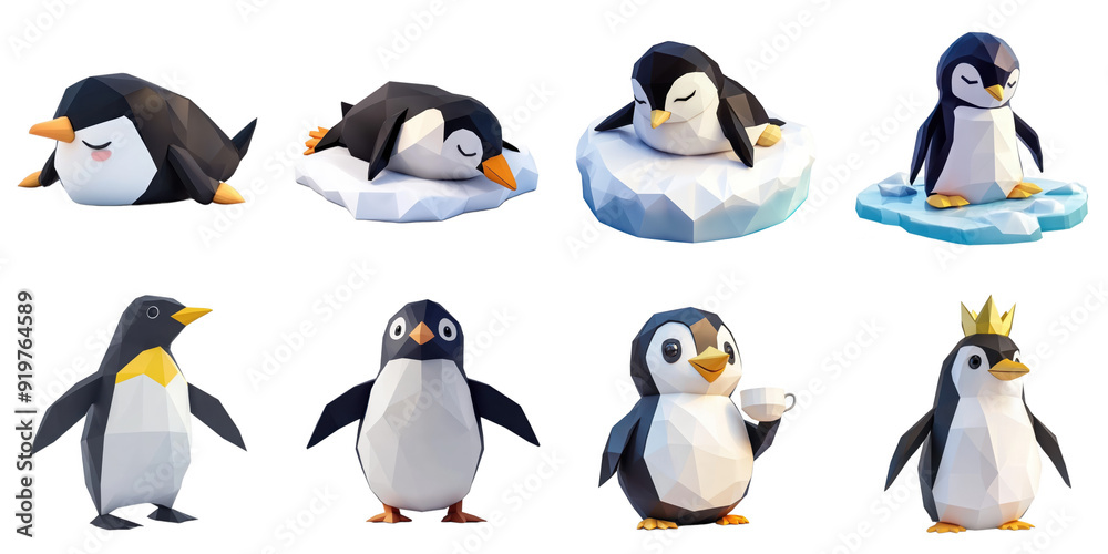 Obraz premium Penguin polygon png collection in 3d transparent for product presentation.