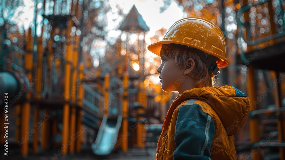 Young Boy in Yellow Hardhat at Playground Young Boy in Yellow Hardhat at Playground