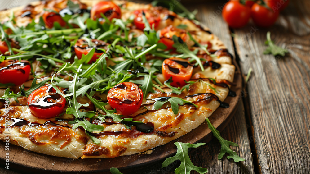 a gluten-free pizza topped with fresh arugula, cherry tomatoes, and a drizzle of balsamic glaze, set on a rustic wooden table a gluten-free pizza topped with fresh arugula, cherry tomatoes, and a drizzle of balsamic glaze, set on a rustic wooden table