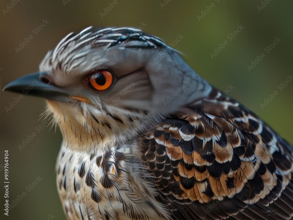 Obraz premium Close-Up of a Striking Bird with Vibrant Orange Eyes and Detailed Plumage