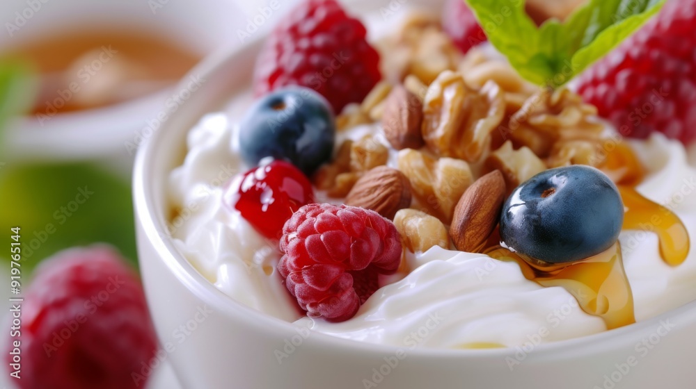 Healthy breakfast with a bowl of yogurt topped with fresh fruits Healthy breakfast with a bowl of yogurt topped with fresh fruits