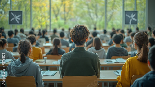 A university lecture on the role of renewable energy in mitigating climate change, with students taking notes and engaging in discussion