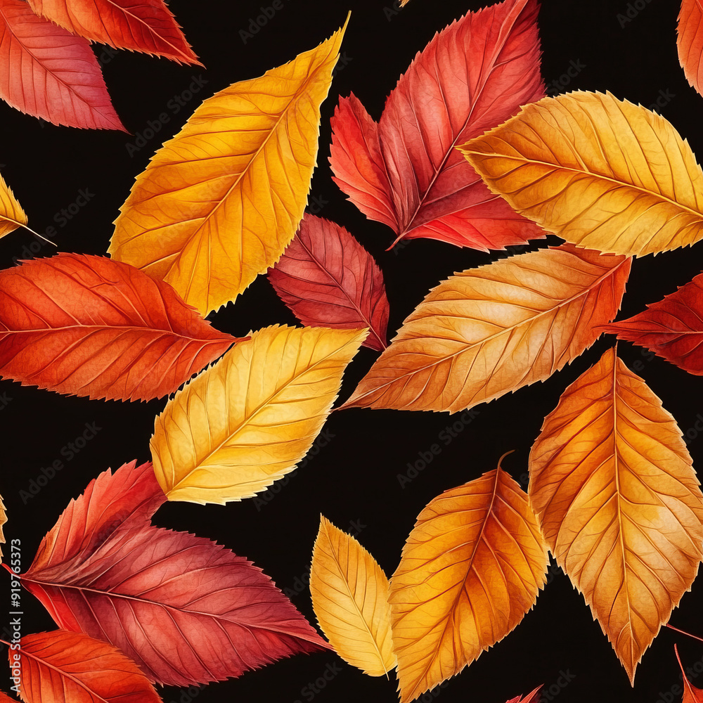 Obraz premium Seamless pattern colorful variety of fall autumn leaves with vein detail and texture isolated on black background wallpaper backdrop season nature environment change aging fall colors with no people.