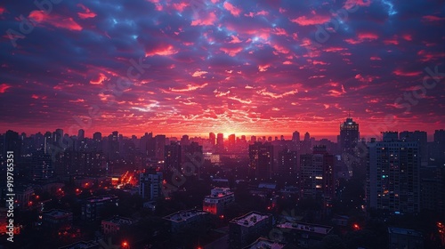 Cityscape at Sunset with Dramatic Sky