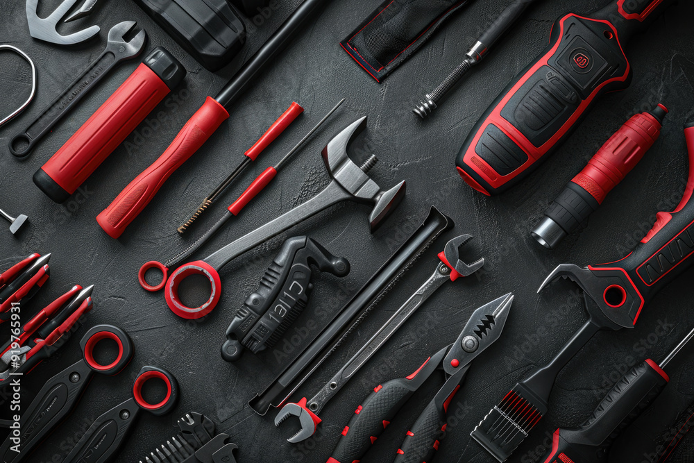 Different construction tools are lying on a dark textured surface, forming a background for a construction company or a handyman. Labor day. Banner. Top view. Flat lay. Different construction tools are lying on a dark textured surface, forming a background for a construction company or a handyman. Labor day. Banner. Top view. Flat lay.