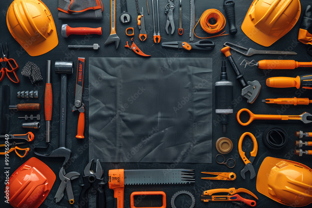 Variety of red and black power tools and hand tools are lying on a black workbench alongside a red and yellow hard hat. Labor day. Banner. Copy space. Top view. Flat lay. Mock up Variety of red and black power tools and hand tools are lying on a black workbench alongside a red and yellow hard hat. Labor day. Banner. Copy space. Top view. Flat lay. Mock up
