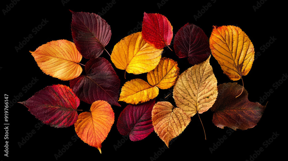 Obraz premium Colorful variety of fall autumn leaves with vein detail and texture isolated on black background wallpaper backdrop season nature environment change aging fall colors with no people.