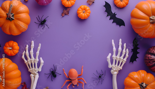 Halloween flat lay composition with pumpkins, bony hands, spiders, bats on purple background