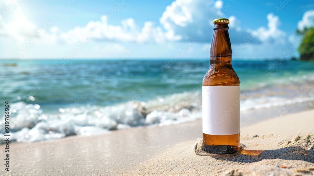 Bottle with blank label on beach: Nature relaxation item with space for text. Bottle with blank label on beach: Nature relaxation item with space for text.