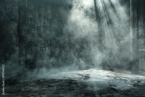 Smoky 3D Grunge Room Interior with Vintage Concrete Background and Spotlight Effect