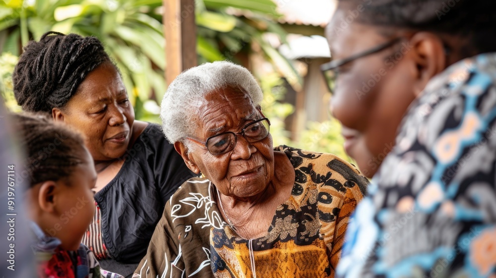 A multigenerational family gathered around an older member, listening attentively as they share memories A multigenerational family gathered around an older member, listening attentively as they share memories