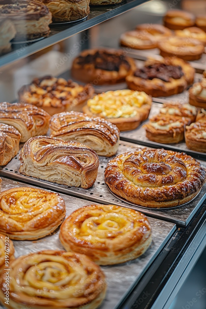 Freshly baked pastries in a bakery display Freshly baked pastries in a bakery display