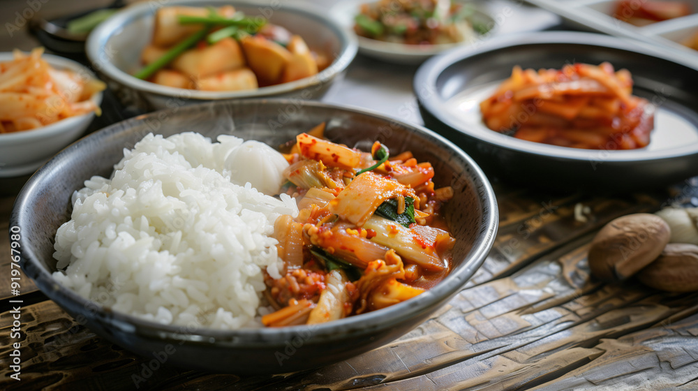 a traditional Korean meal setup with a bowl of steaming white rice, a plate of kimchi, and various banchan (side dishes) like pickled radishes and fermented bean sprouts, all set on a wooden table a traditional Korean meal setup with a bowl of steaming white rice, a plate of kimchi, and various banchan (side dishes) like pickled radishes and fermented bean sprouts, all set on a wooden table
