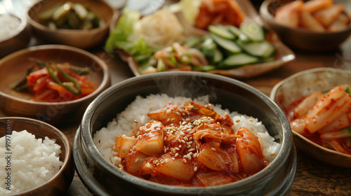 a traditional Korean meal setup with a bowl of steaming white rice, a plate of kimchi, and various banchan (side dishes) like pickled radishes and fermented bean sprouts, all set on a wooden table