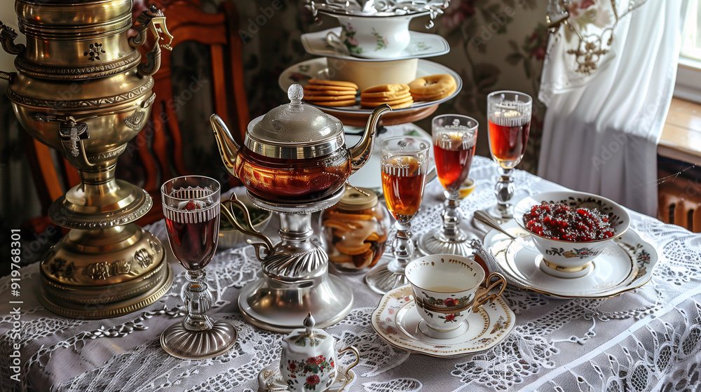 a traditional Russian tea time, with a samovar, tea glasses with metal holders, blini with caviar, and assorted jams on a lace tablecloth a traditional Russian tea time, with a samovar, tea glasses with metal holders, blini with caviar, and assorted jams on a lace tablecloth