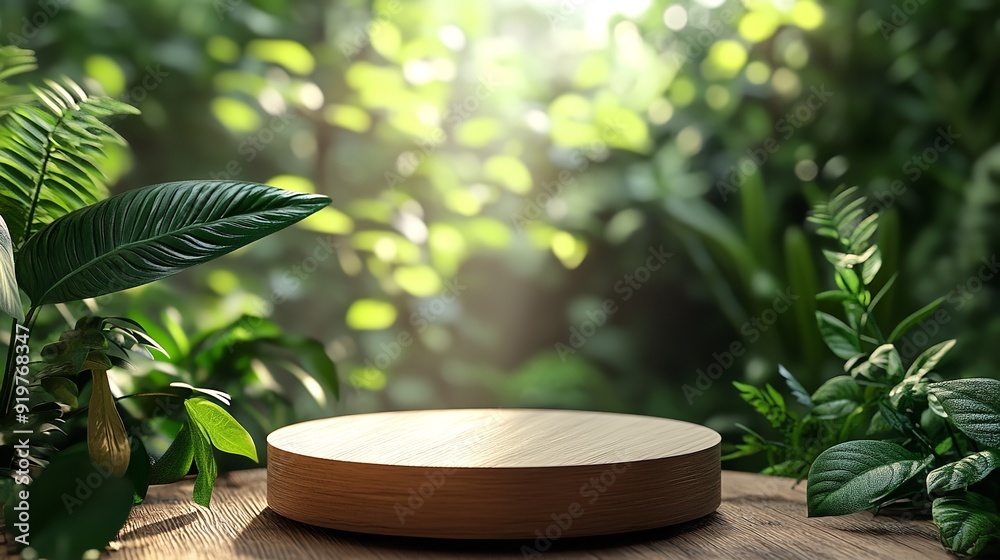 Wooden Podium Display with Blurred Natural Leaf Background for Product Showcase Wooden Podium Display with Blurred Natural Leaf Background for Product Showcase