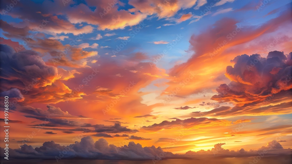 Fototapeta premium Dreamy Sunset Sky with Colorful Clouds, Vibrant Sunset, Peaceful Horizon