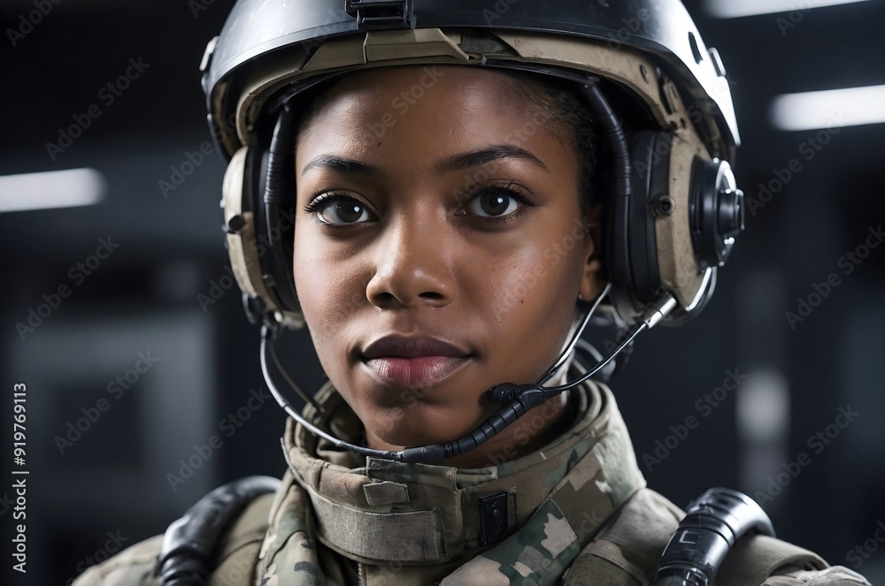 Portrait of a modern African-American soldier. The concept of the development of a modern army.