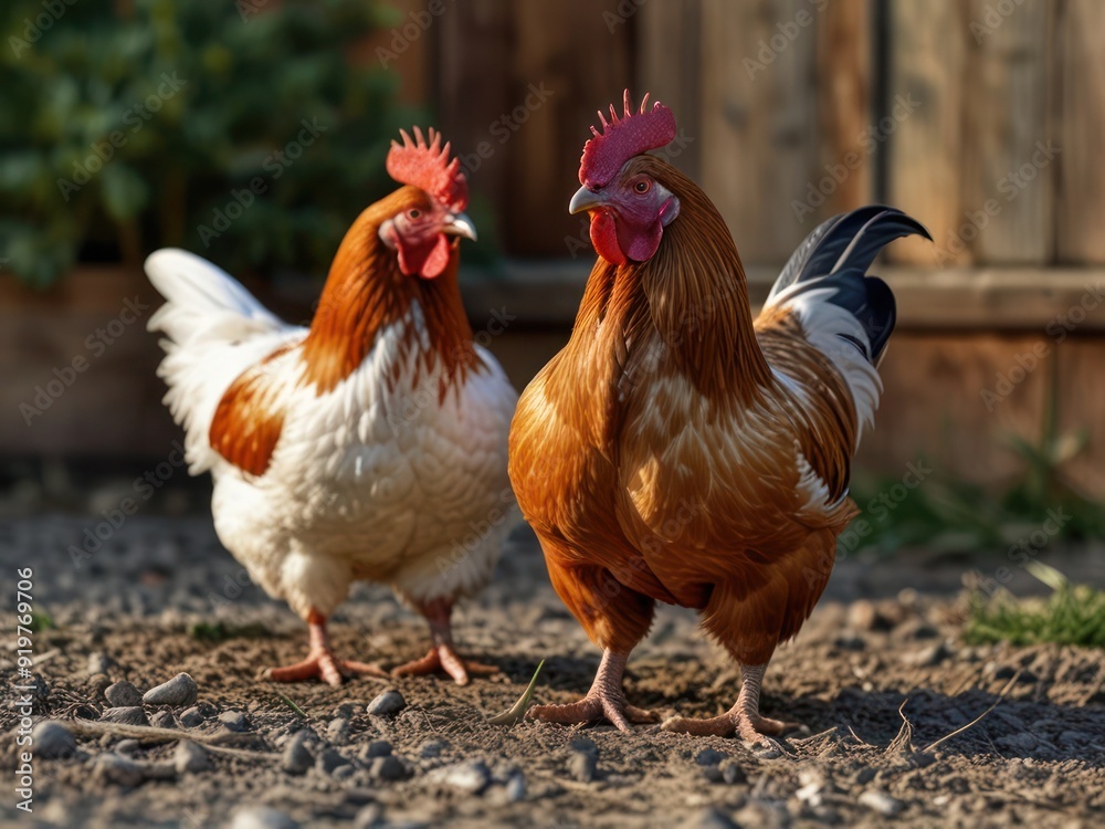 Fototapeta premium Charming Rooster and Hen Duo in a Sunlit Farmyard, AI-Generated