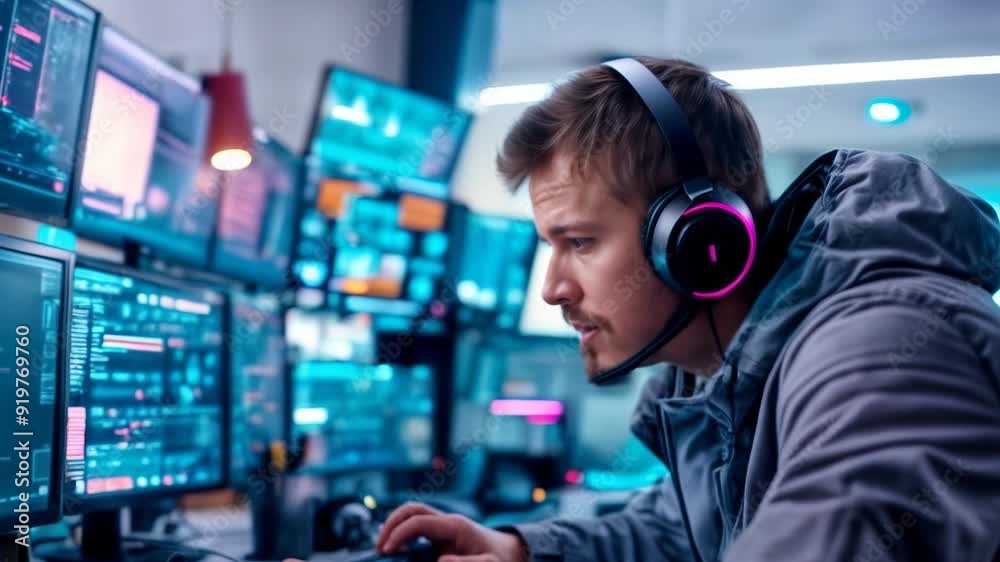 A young man wearing a headset intensely engages with his computer setup in a modern room, surrounded by vibrant screens displaying complex data A young man wearing a headset intensely engages with his computer setup in a modern room, surrounded by vibrant screens displaying complex data