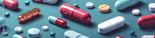 AssAssorted Pharmaceutical Pills and Capsules on Blue Surface photo