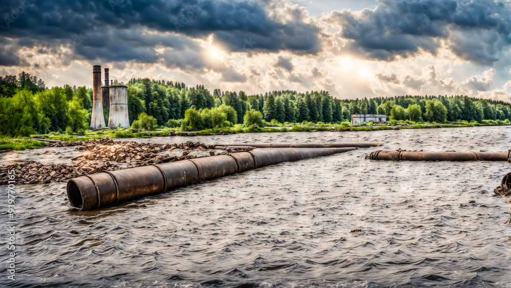 Polluted water nature and factory chimneys Polluted water nature and factory chimneys