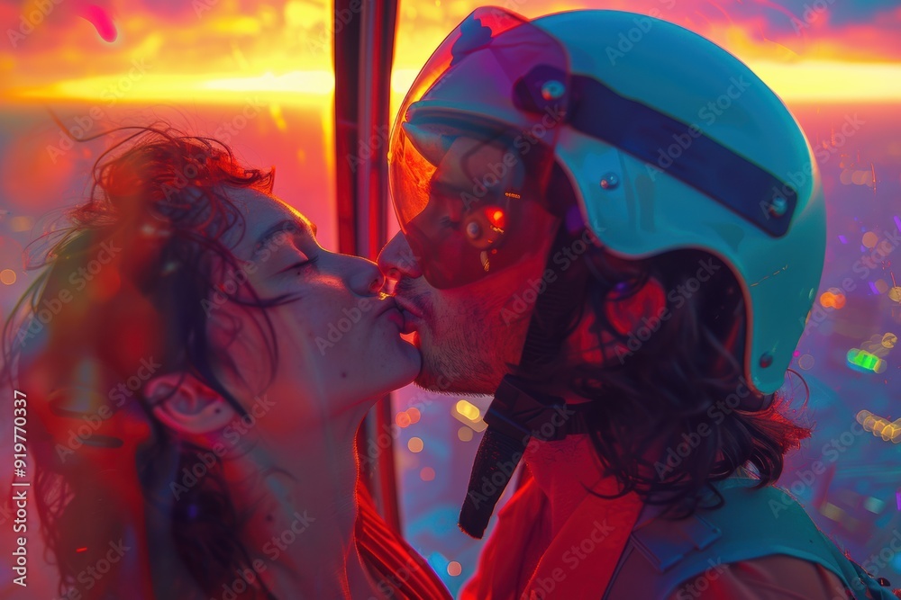 Romantic Helicopter Ride Kiss Over Dazzling Sunset Cityscape Romantic Helicopter Ride Kiss Over Dazzling Sunset Cityscape