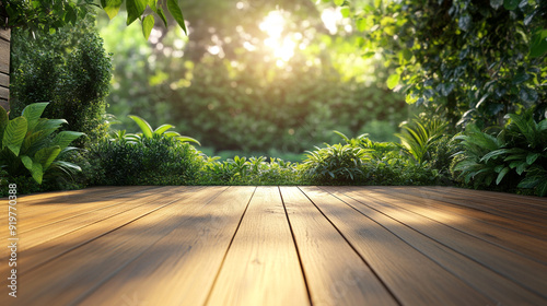 Fototapeta Naklejka Na Ścianę i Meble -  Empty wooden terrace with green wall 3d render,There are wood plank floor with tropical style tree garden background sunlight shine on the tree